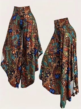 Boho Printed Wide-Leg Palazzo Summer Pants in Teal & Brown New Boutique